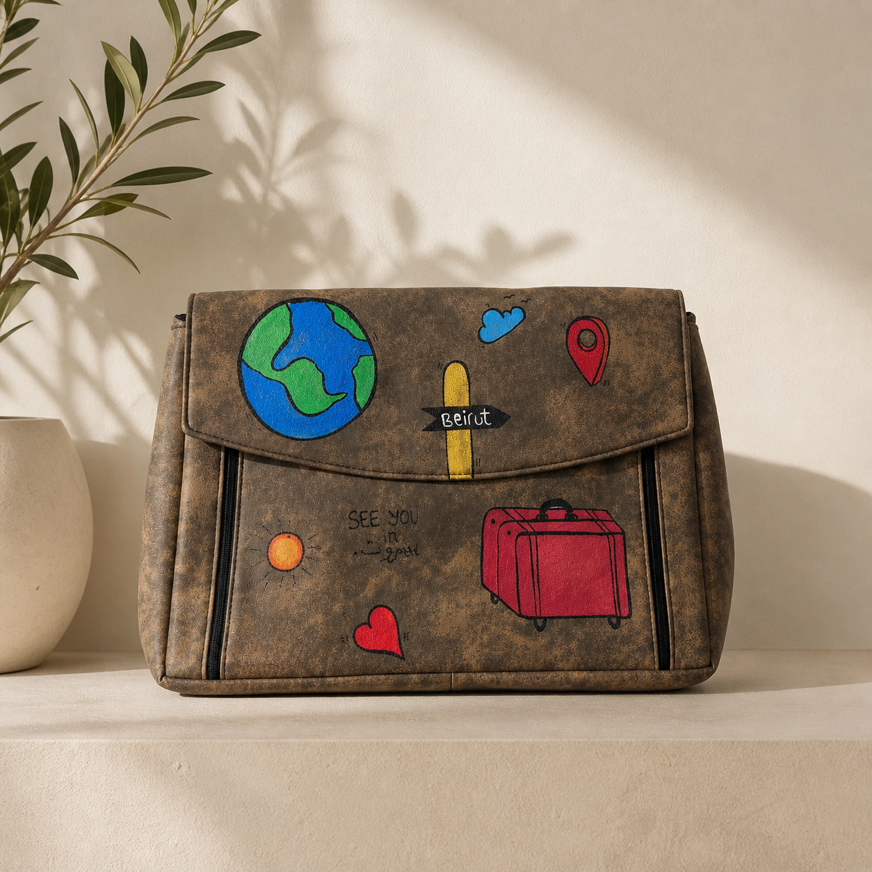 Hand painted leather "Beirut" bag