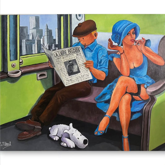 Artistic depiction of a man reading a newspaper and a woman smoking on a train, with a cityscape in the background.