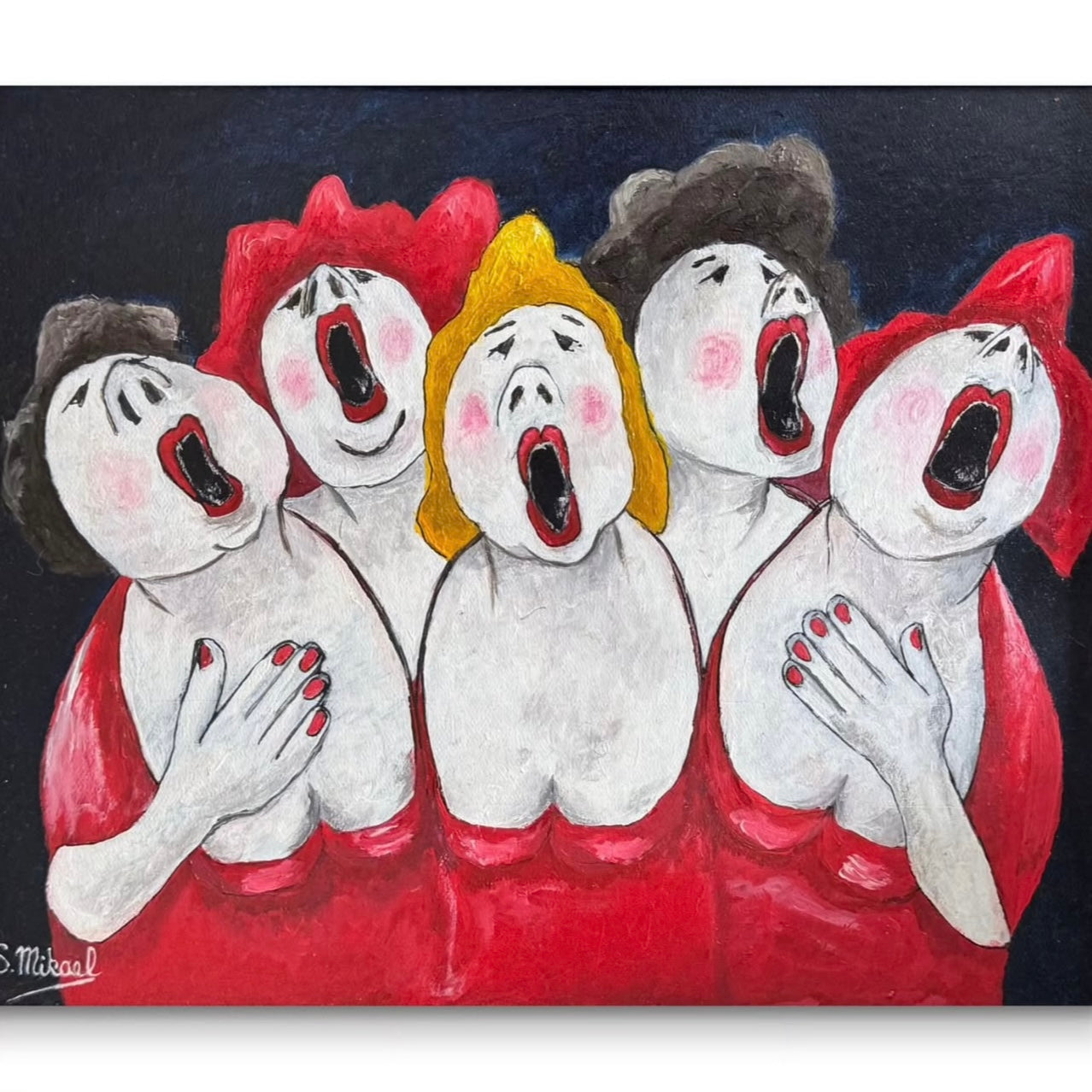 Five cartoon-like figures with red dresses and open mouths on a black background