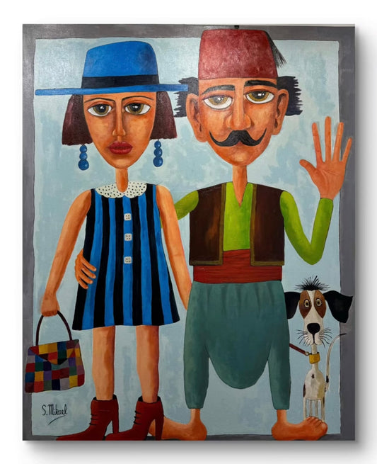 Painting of a man and woman with a dog on a light blue background