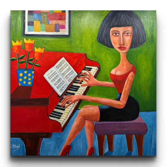 Painting of a woman playing a red piano with a colorful abstract painting in the background.