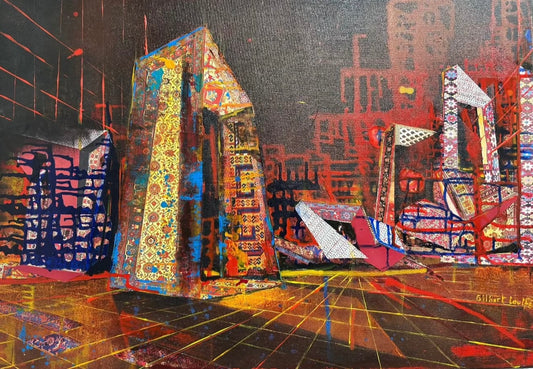 Colorful abstract cityscape with geometric shapes and patterns