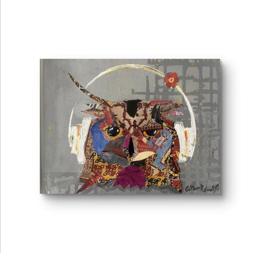 Abstract painting of an owl with a geometric background