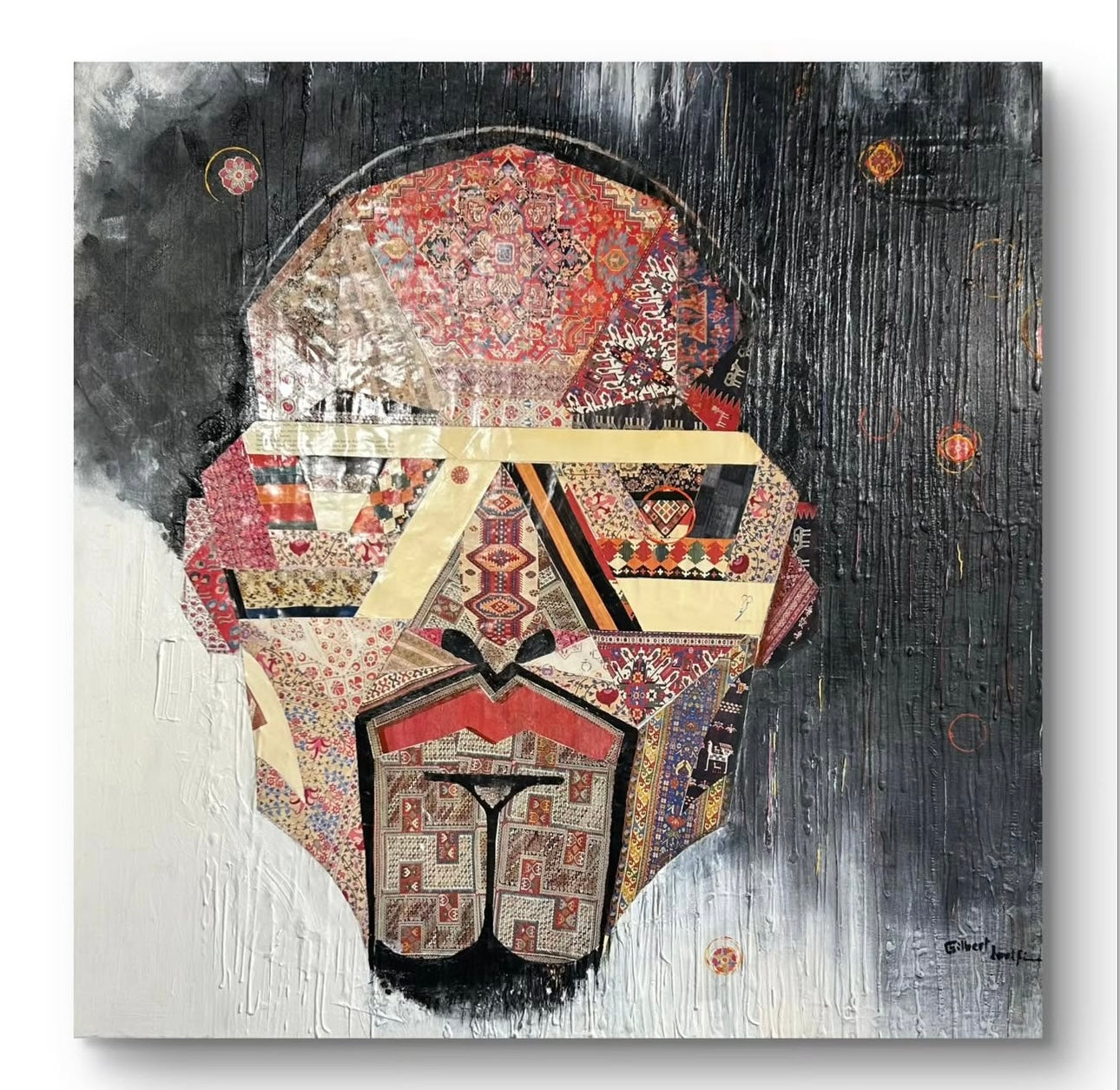 Abstract art piece with geometric patterns on a textured background