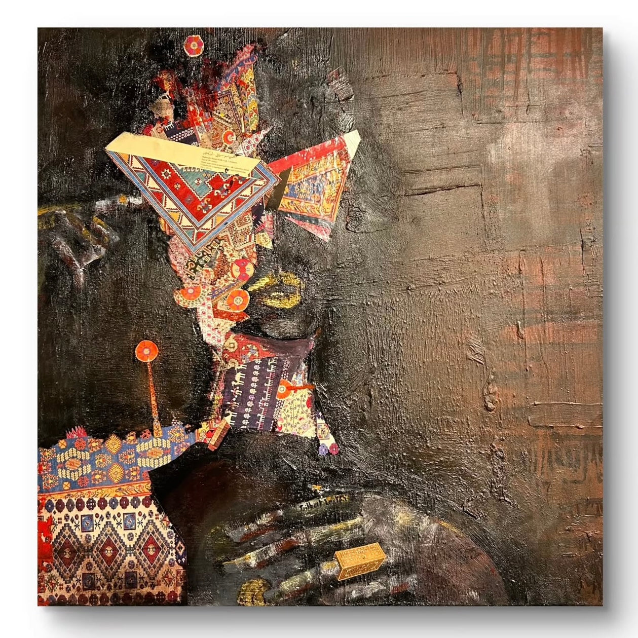 Abstract painting with geometric patterns and textures on a textured background