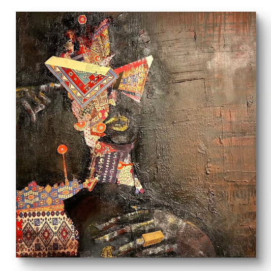 Abstract painting with geometric patterns and textures on a textured background