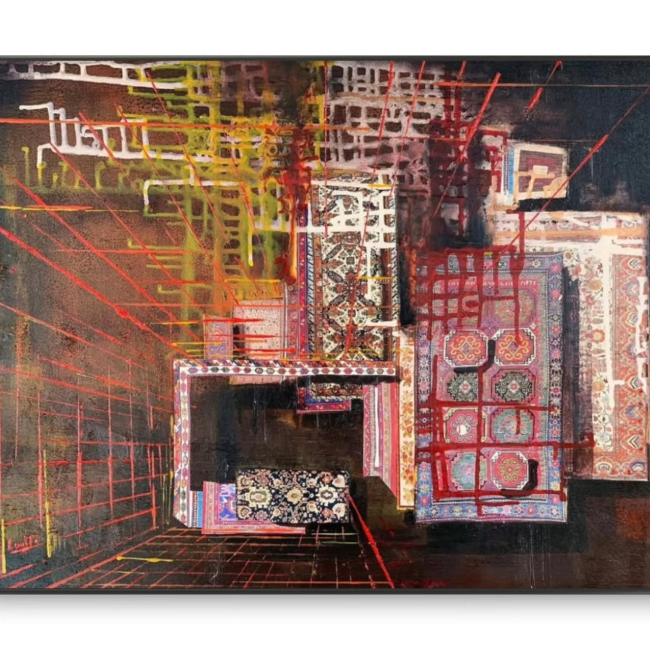 Abstract art piece with geometric patterns and vibrant colors