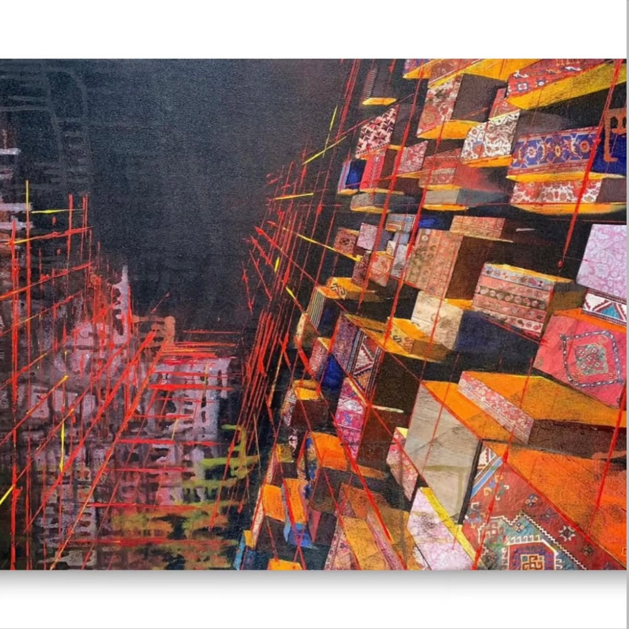 Abstract artwork with geometric shapes and vibrant colors on a dark background