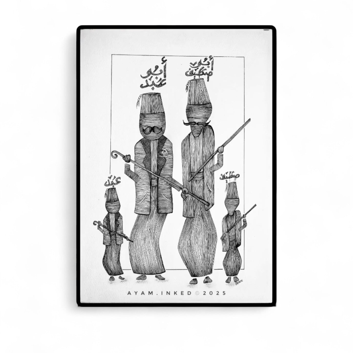Framed black and white illustration of a family with traditional clothing and weapons