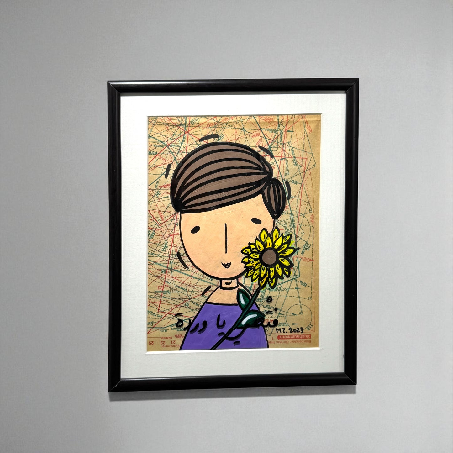 Framed illustration of a person holding a flower on a map background