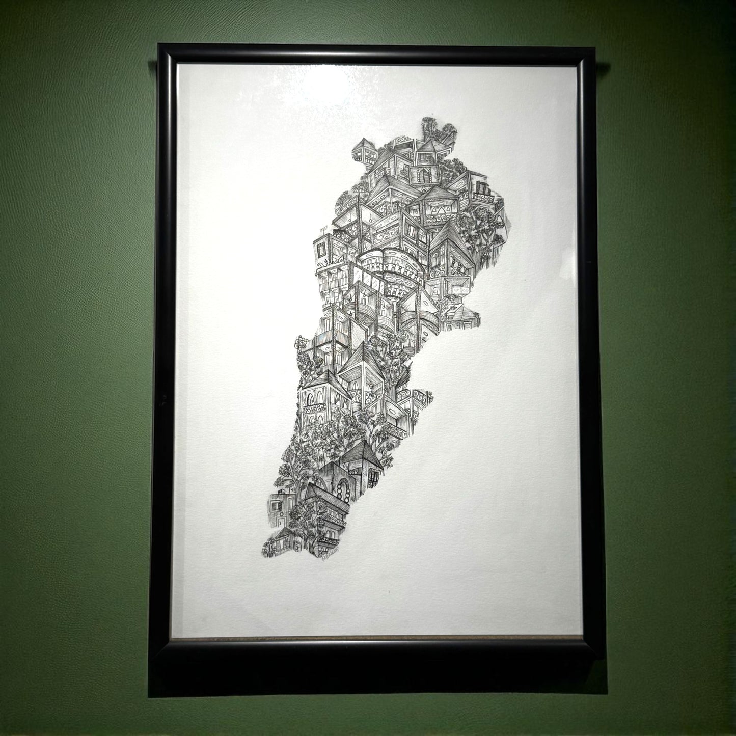 Framed black and white Lebanese map