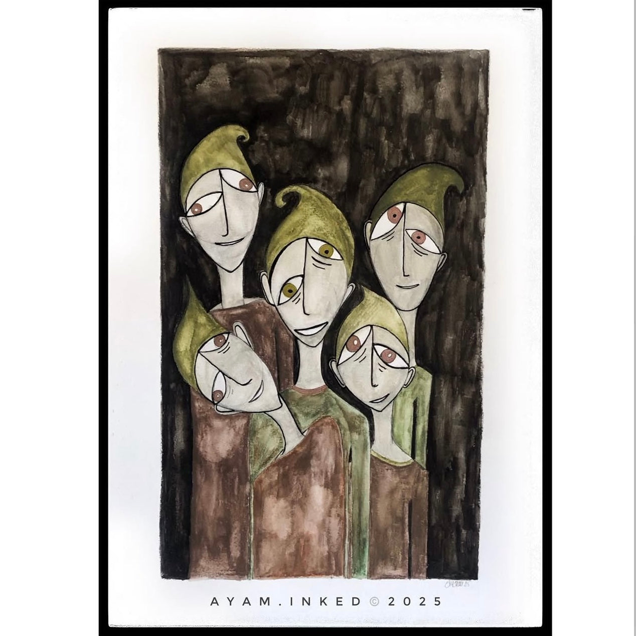Artistic depiction of four figures with green head coverings on a dark background
