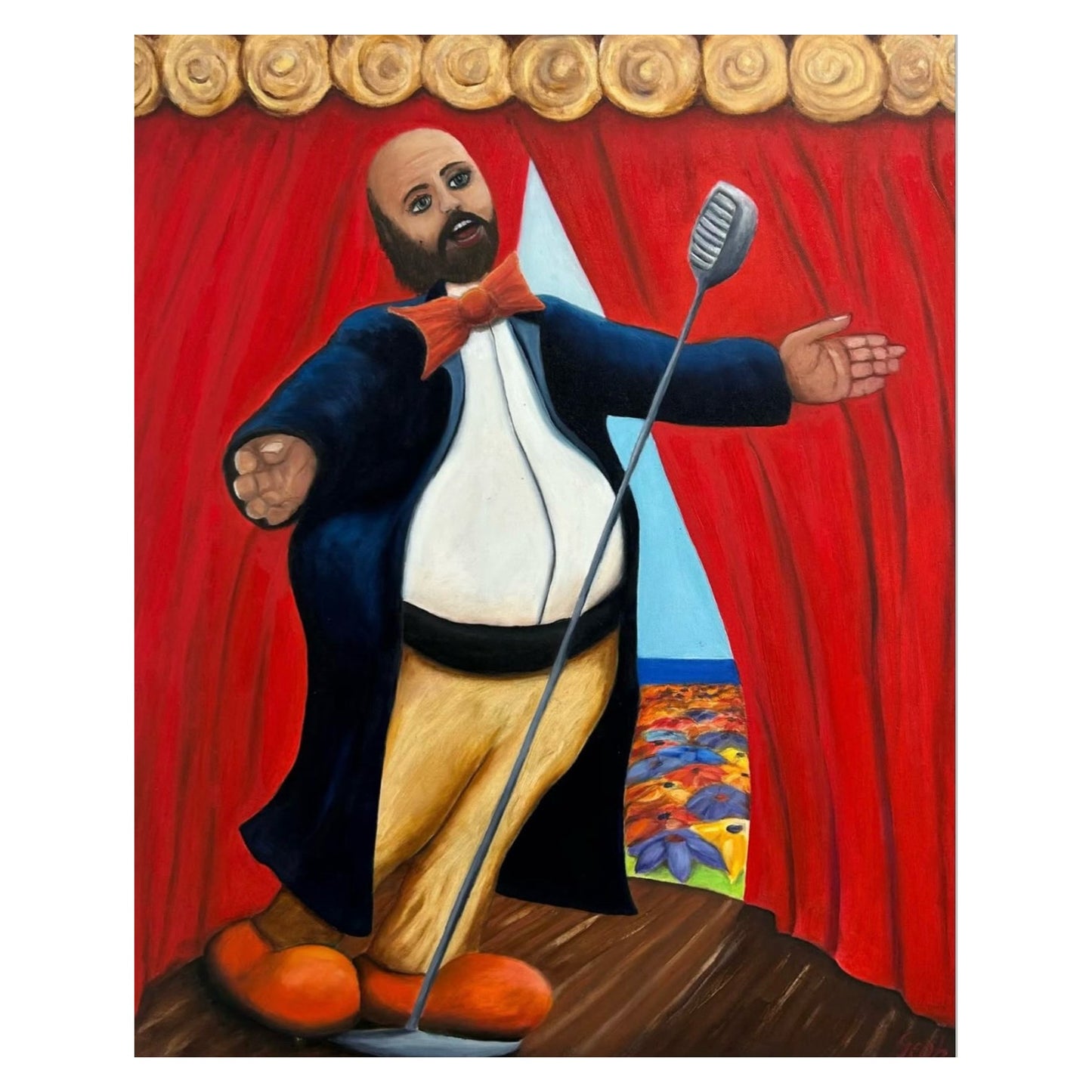 Illustration of a man in a tuxedo with a bow tie holding a microphone on a stage with red curtains.