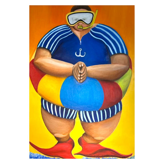 Colorful painting of a person wearing a life buoy and diving mask on a yellow background