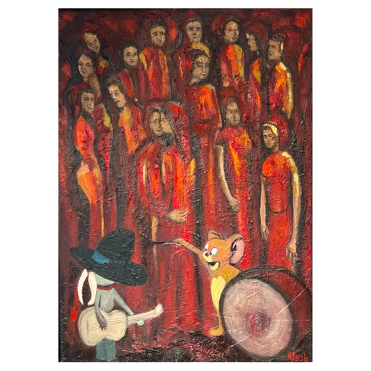 Artistic depiction of a group of people in red with a character in a black hat and a cat playing a drum.