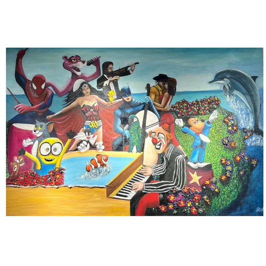 Colorful painting of a clown playing piano with various characters in a garden setting
