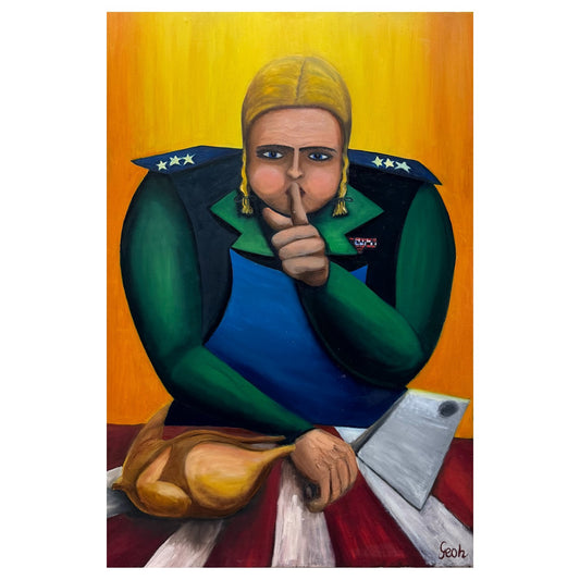 Painting of a person in a green outfit with a yellow head covering, holding an axe against a yellow background.