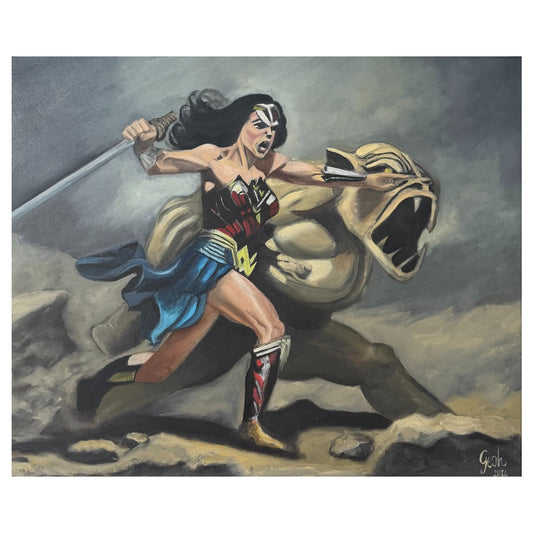 Painting of a superheroine in a dynamic pose with a large creature in the background.
