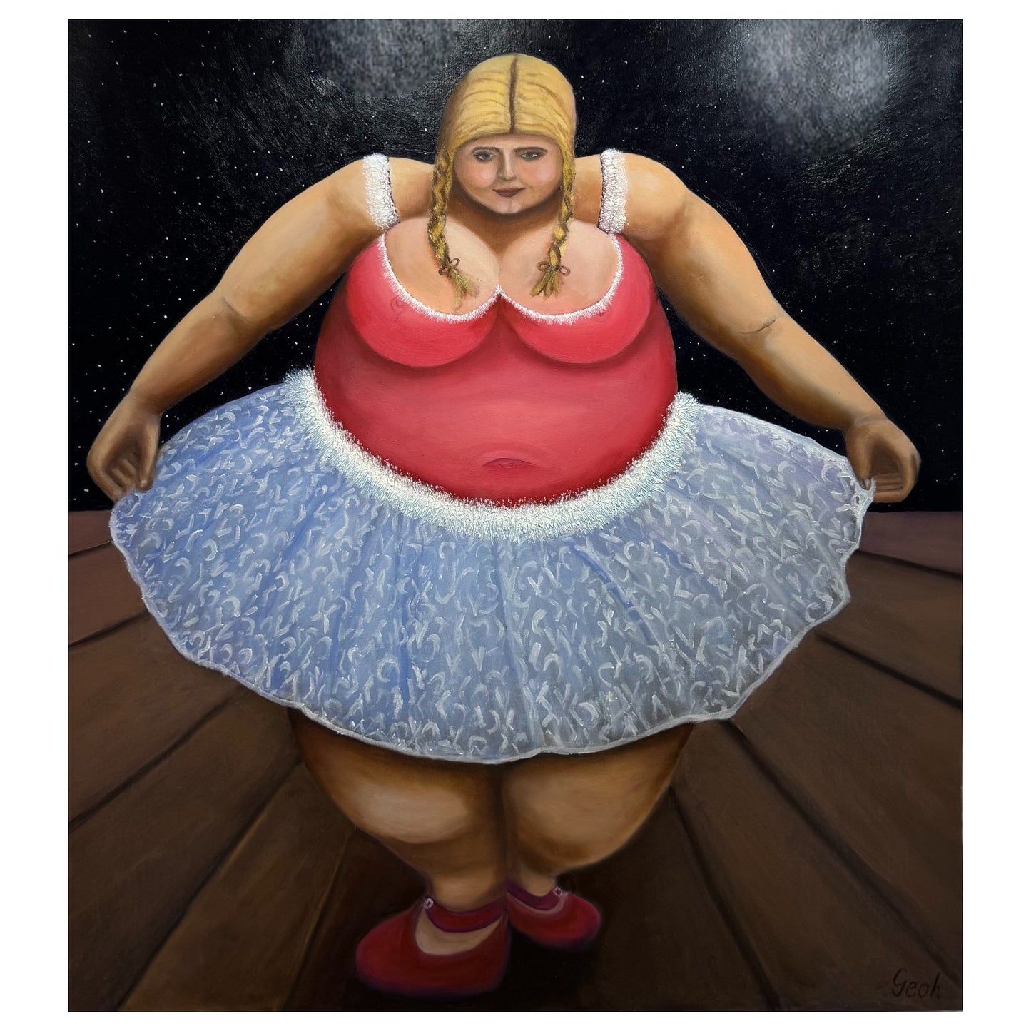 Illustration of a person wearing a red top and blue lace skirt on a dark background