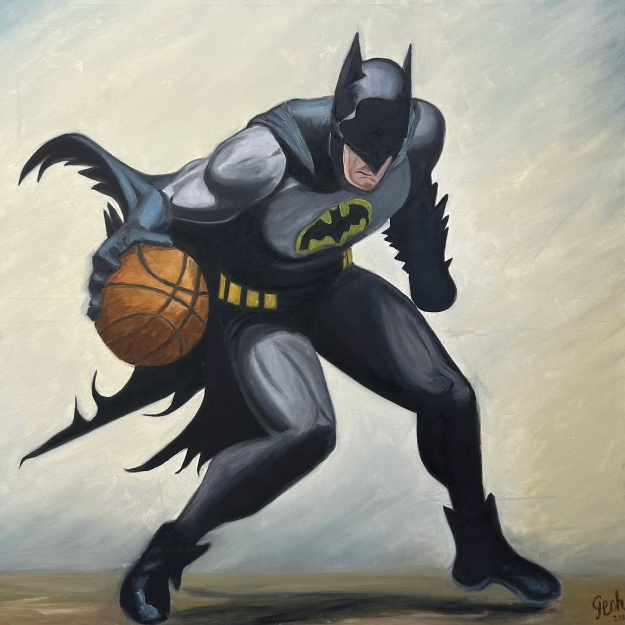 Batman holding a basketball on a beige background