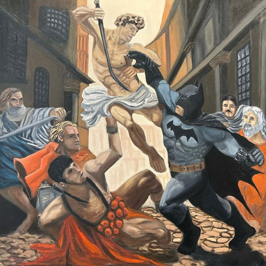 Batman in a dynamic pose with classical sculpture and people in the background