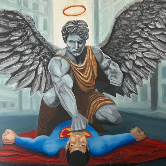 Superman lying on a bed with an angel standing over him, holding a halo.