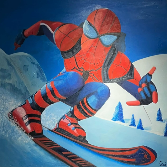 Superhero character skiing down a snowy slope with trees in the background