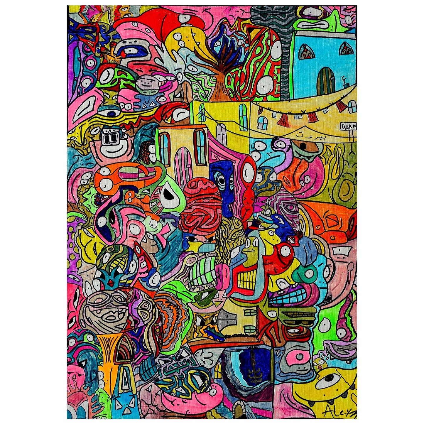 Colorful abstract artwork with various shapes and patterns on a white background