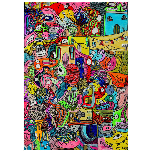 Colorful abstract artwork with various shapes and patterns on a white background