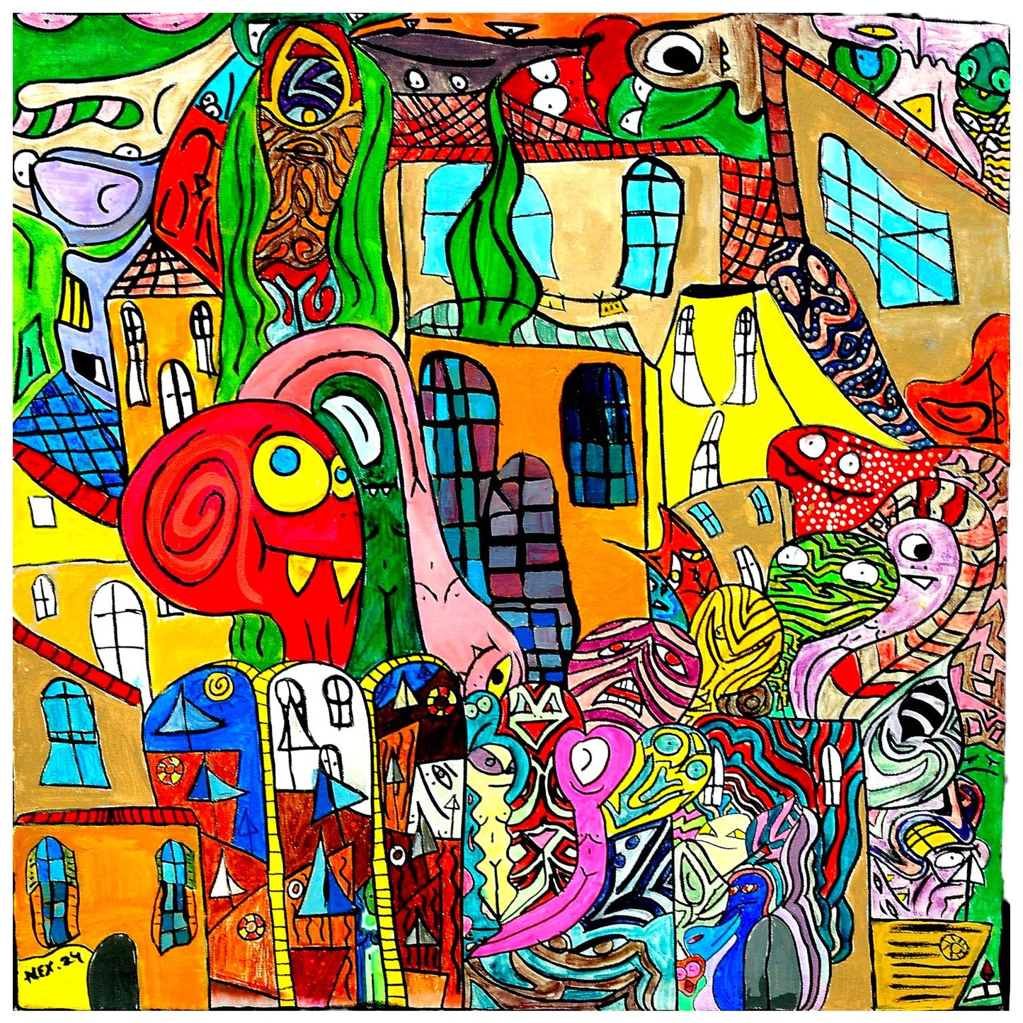 Colorful abstract artwork with various shapes and patterns