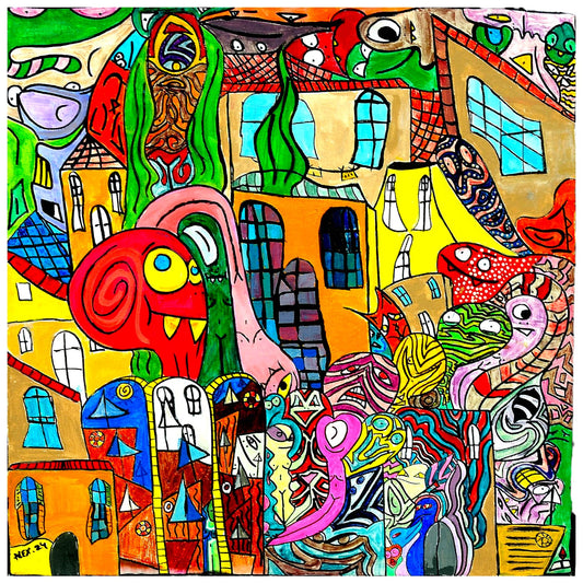 Colorful abstract artwork with various shapes and patterns