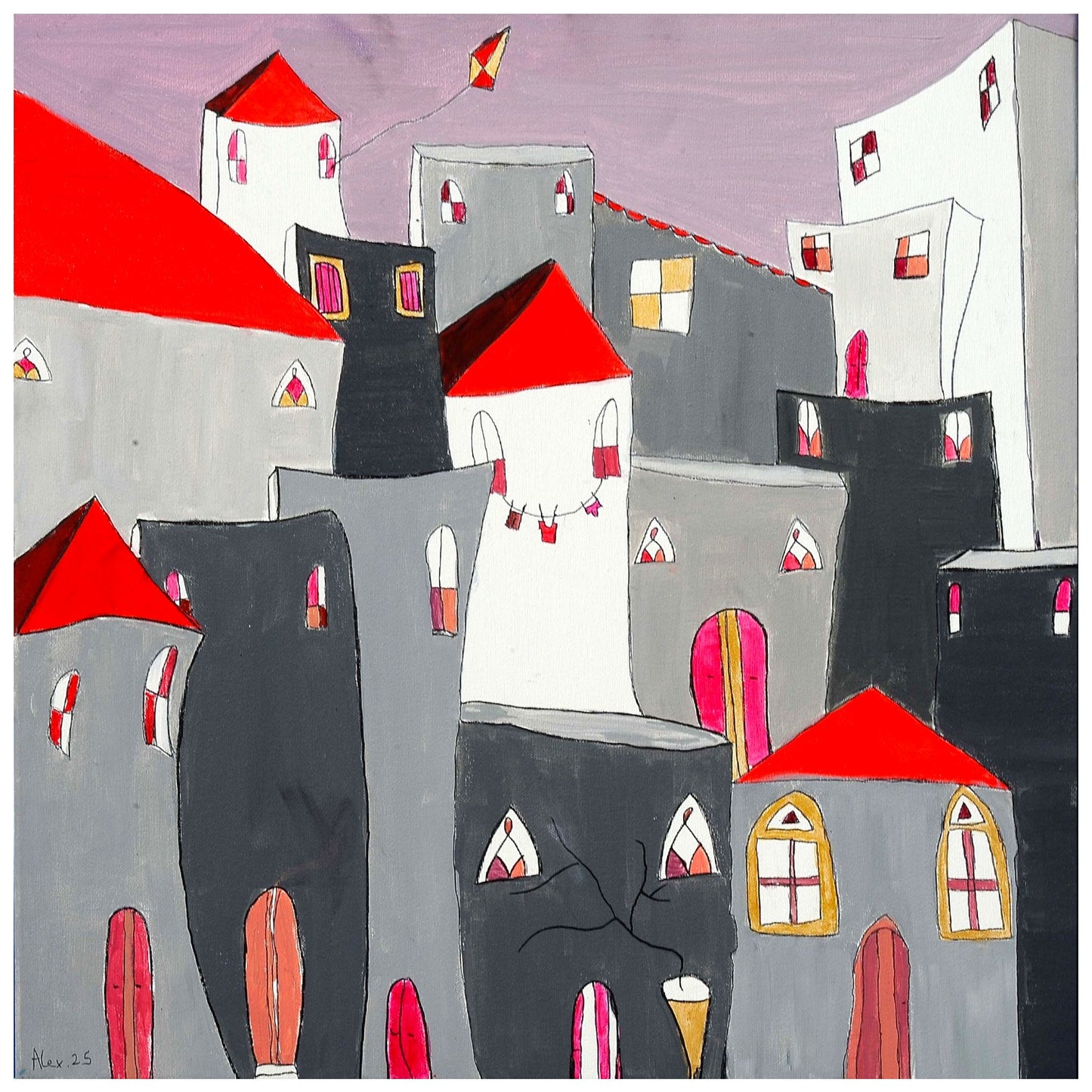 Abstract art piece with colorful buildings and a kite on a purple background