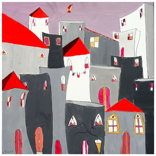 Abstract art piece with colorful buildings and a kite on a purple background