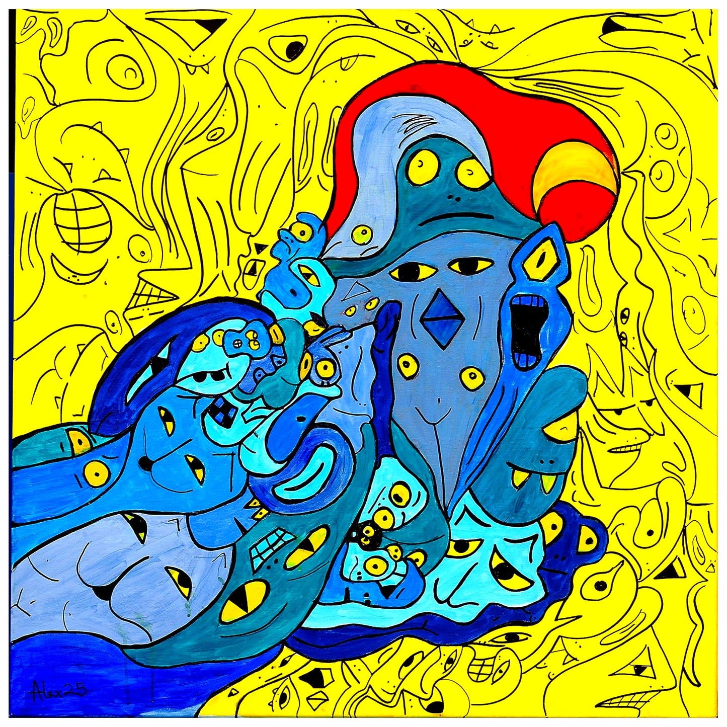 Abstract artwork with blue and red figures on a yellow background