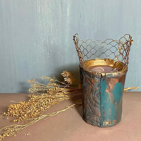 A large, circular candle .