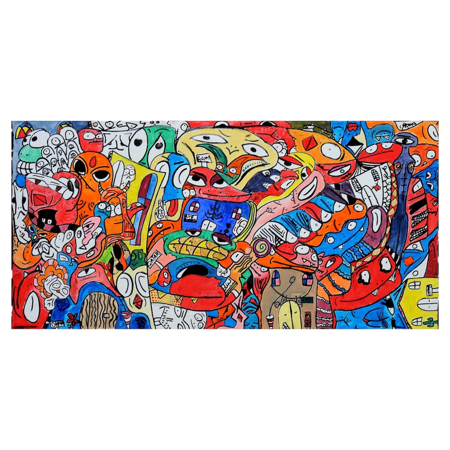 Colorful abstract artwork with various shapes and patterns on a white background