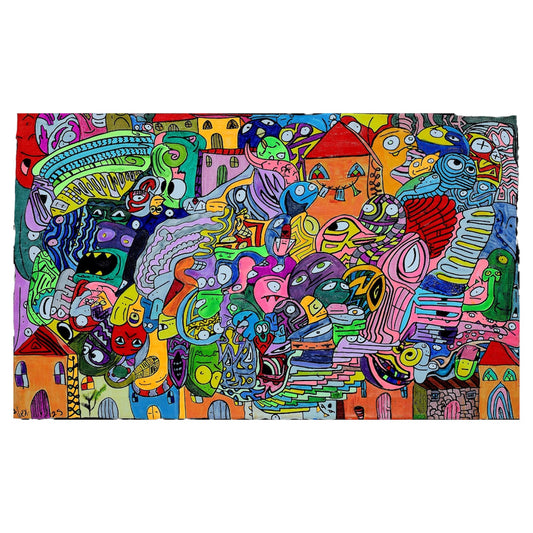 Colorful abstract artwork with various shapes and patterns on a white background