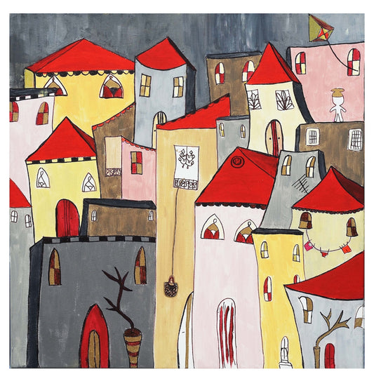 Colorful abstract depiction of a village with red roofs on a gray background