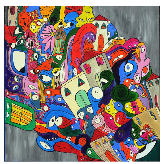 Colorful abstract artwork with various shapes and patterns on a gray background