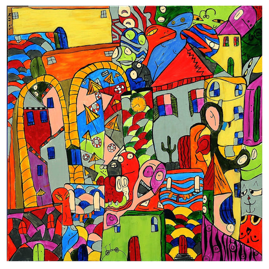 Colorful abstract artwork with various shapes and patterns