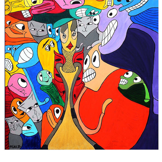 Colorful abstract artwork with various animal faces and a snake