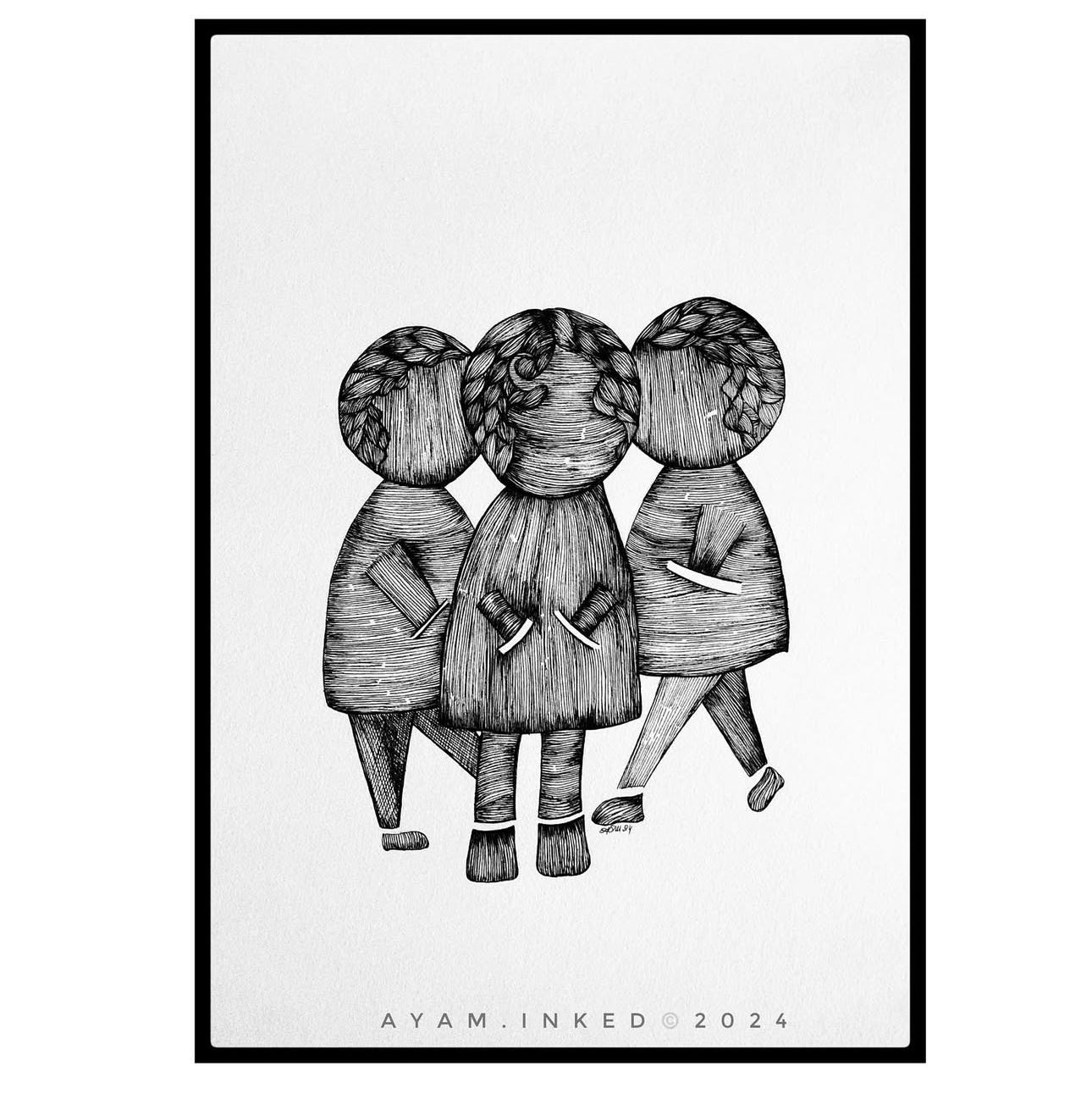 Black and white illustration of three figures walking together