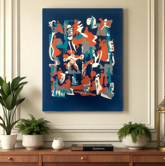 Abstract artwork with colorful figures on a dark blue background