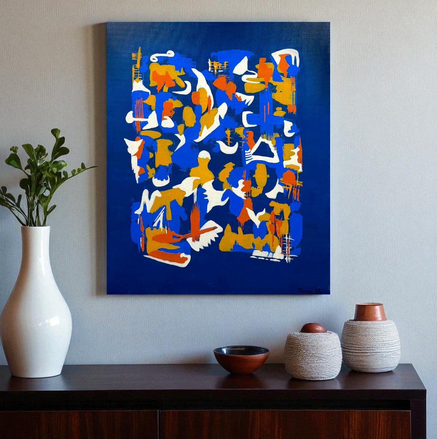 Abstract artwork with geometric shapes in blue, orange, and white on a dark background