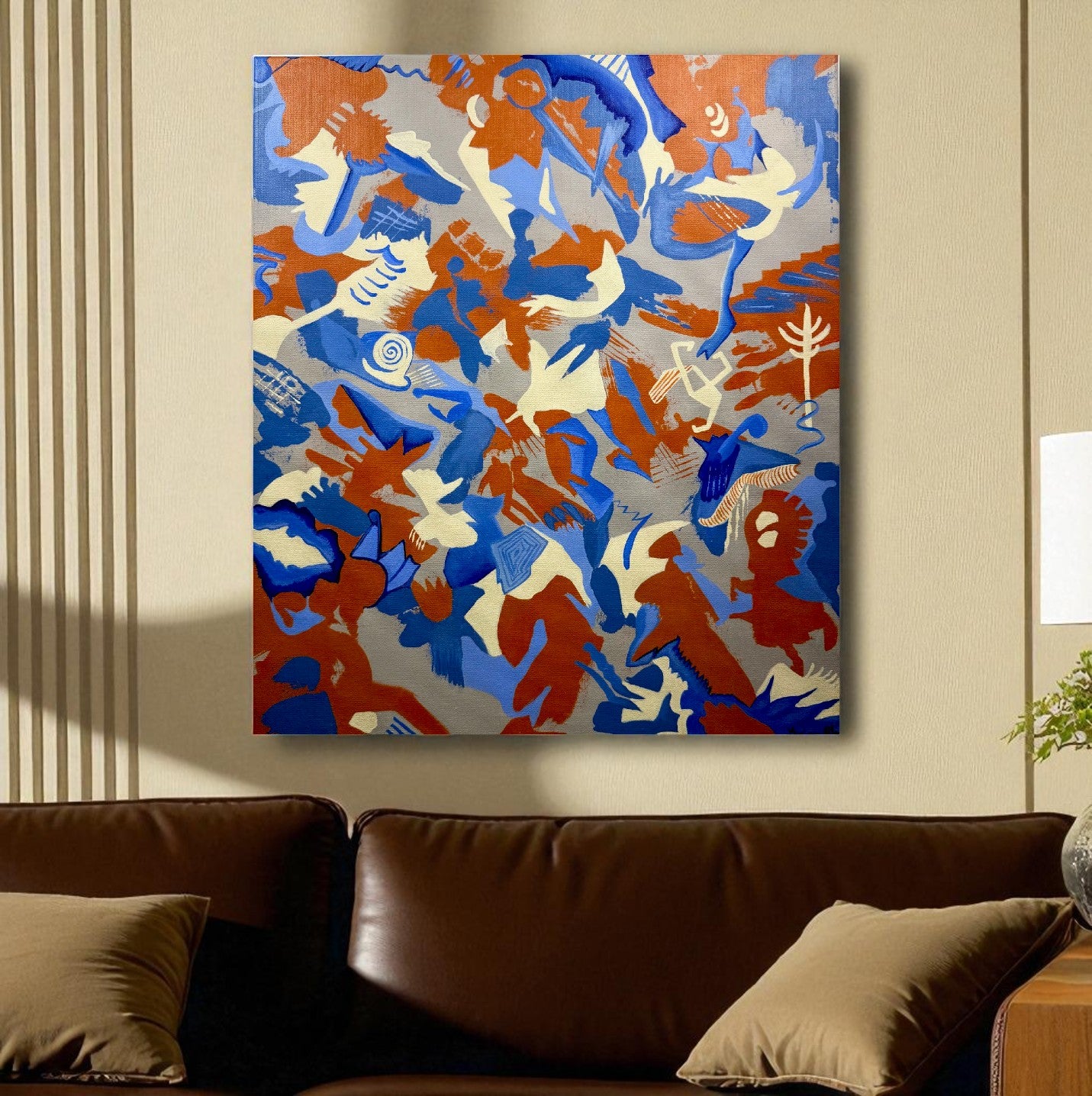 Abstract artwork with blue, orange, and white shapes on a gray background