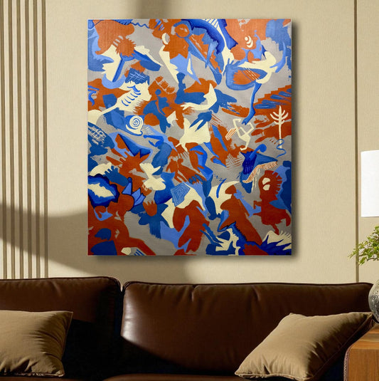 Abstract artwork with blue, orange, and white shapes on a gray background