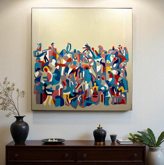 Abstract artwork with colorful geometric figures on a beige background