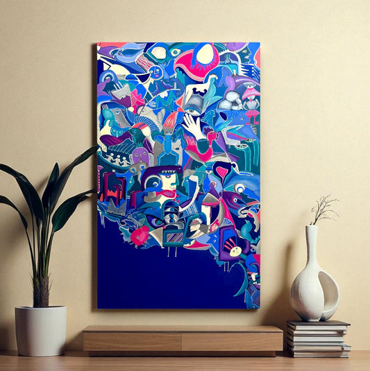 Abstract artwork with colorful geometric shapes on a dark blue background