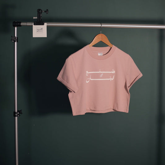 A pink crop top with a graphic print in the center "sonee lebnen"