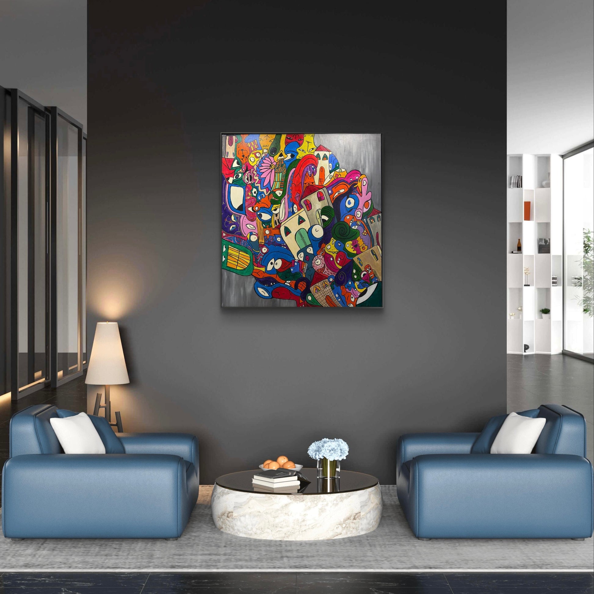 Colorful abstract artwork with various shapes and patterns on a gray background